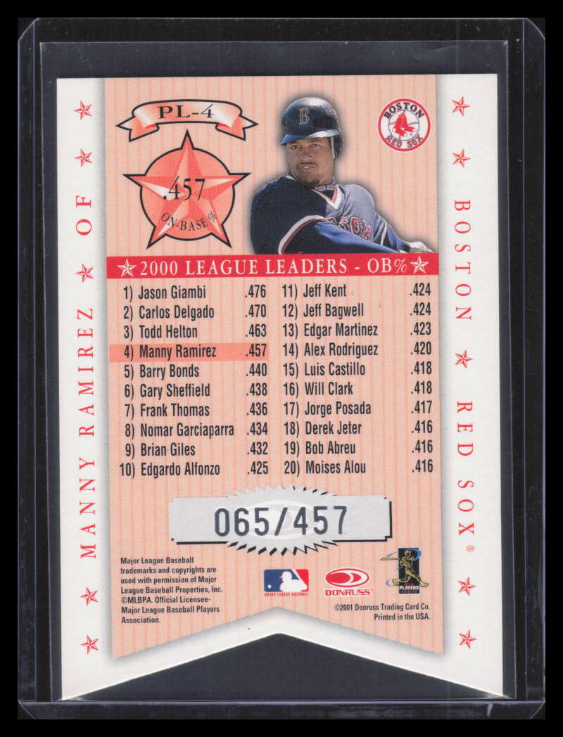 SOLD 179544 2001 Donruss Production Line Die Cuts pl4 Manny Ramirez OBP 65/100
