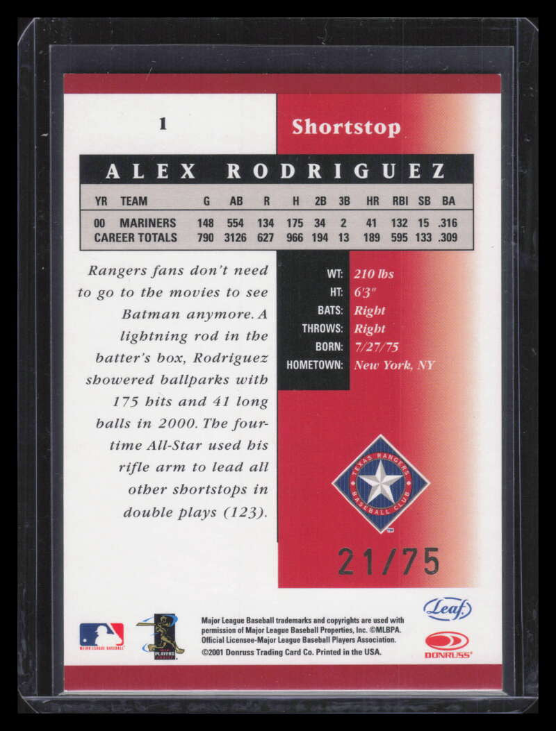 DELETE 168056 2001 Leaf Certified Materials Mirror Red 1 Alex Rodriguez 21/75