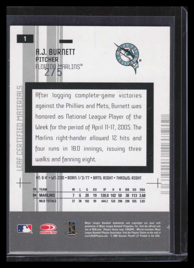 DELETE 168061 2005 Leaf Certified Materials Mirror Emerald 1 A. J. Burnett 2/5
