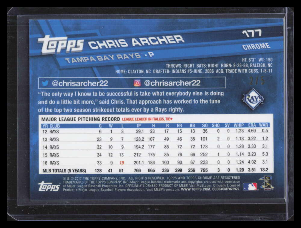SOLD 179661 2017 Topps Chrome Red Refractor 177 Chris Archer 2/5