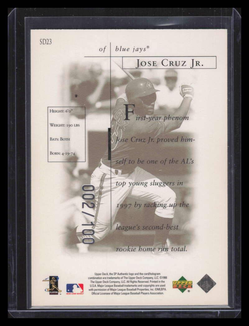 DELETE 168083 1998 SP Authentic Sheer Dominance Titanium sd23 Jose Cruz Jr. 2/100