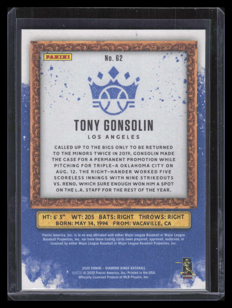 DELETE 168117 2020 Diamond Kings Wood Frame 62 Tony Gonsolin Rookie 6/13