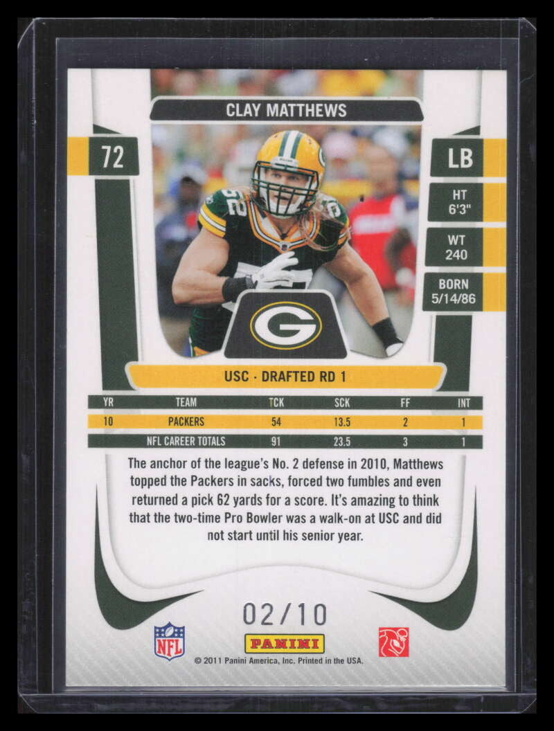SOLD 179610 2011 Prestige Xtra Points Black 72 Clay Matthews 2/10