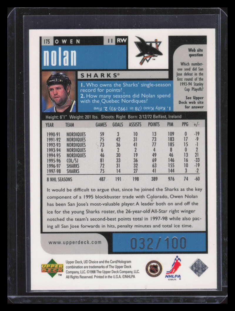 DELETE 169431 1998-99 UD Choice Prime Choice Reserve 175 Owen Nolan 32/100