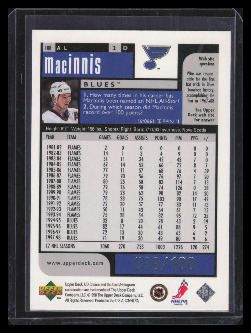 DELETE 169433 1998-99 UD Choice Prime Choice Reserve 188 Al MacInnis 39/100