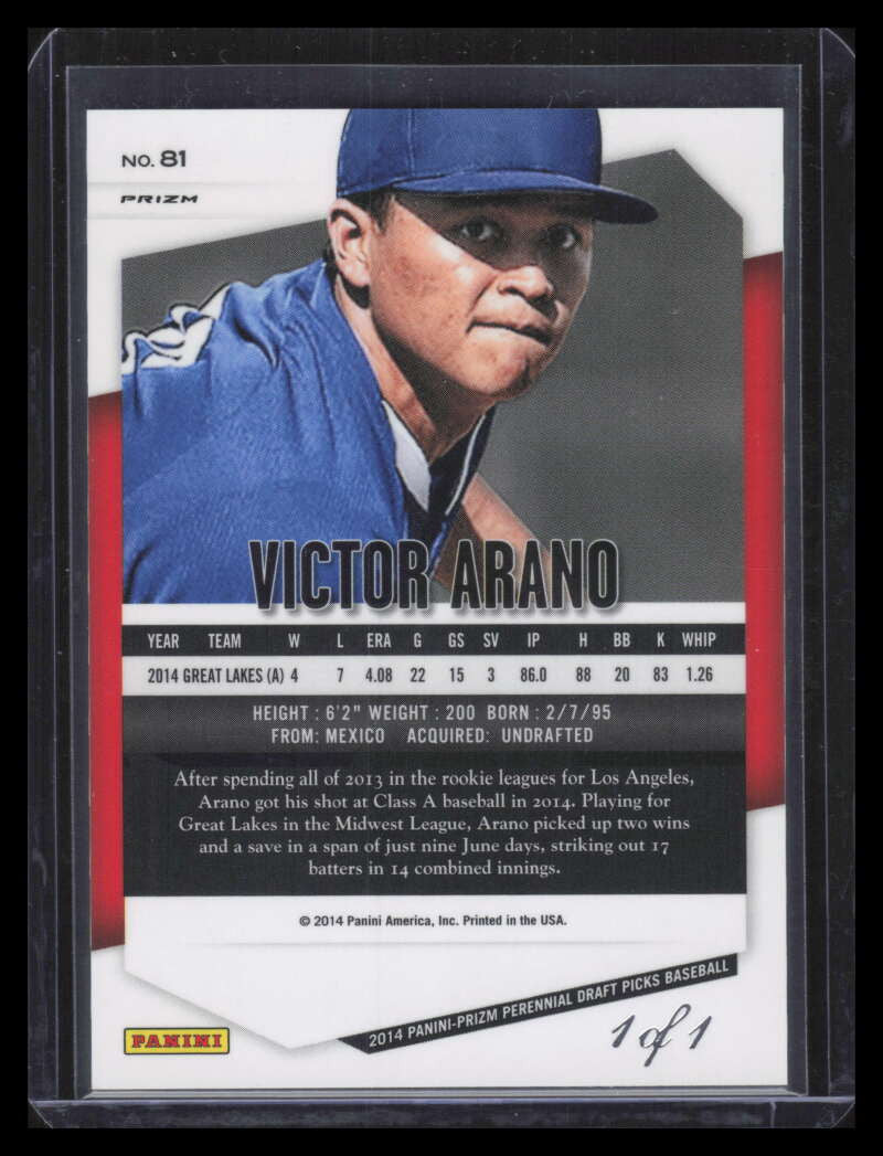 DELETE 169657 2014 Panini Prizm Draft Prizms Black Finite Refractor 81 Victor Arano Rookie 1/1