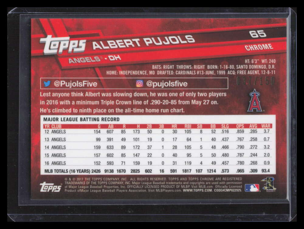 DELETE 170354 2017 Topps Chrome Blue Refractor 65 Albert Pujols 37/150