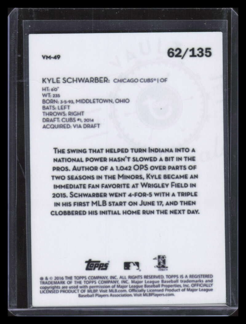 DELETE 170444 2016 Topps Legacies of Baseball Vault Metals vm49 Kyle Schwarber Rookie 62/135