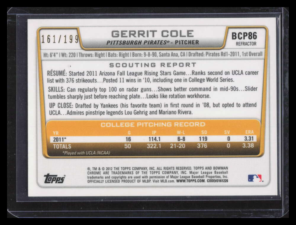 DELETE 170467 2012 Bowman Chrome Prospects Purple Refractor bcp86 Gerrit Cole Rookie 161/199