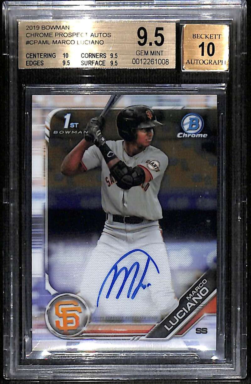 SOLD 171815 2019 Bowman Chrome Prospect Autographs Marco Luciano Rookie Auto BGs 9.5 10