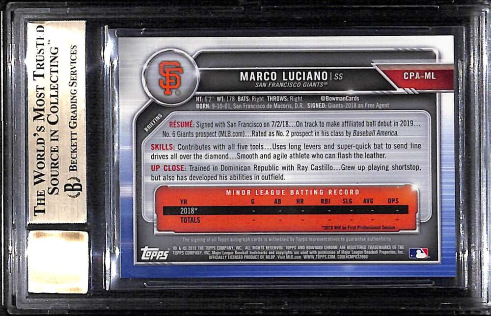 SOLD 171815 2019 Bowman Chrome Prospect Autographs Marco Luciano Rookie Auto BGs 9.5 10