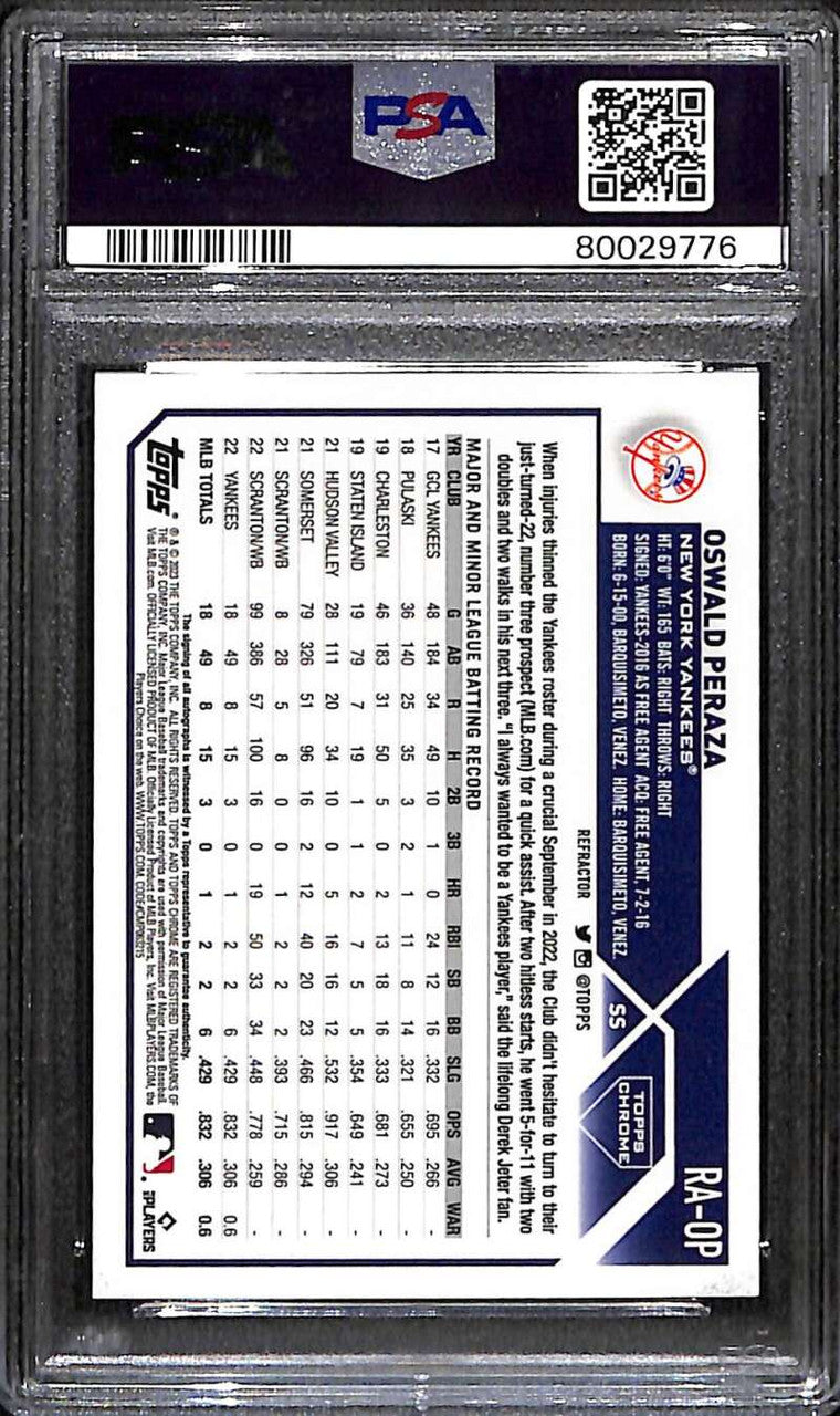DELETE 171841 2023 Topps Chrome Autographs Refractor Oswald Peraza Rookie Auto 195/499 PSA 10