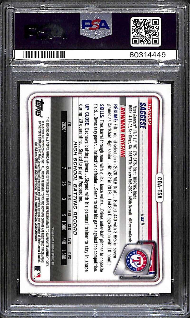 2020 Bowman Chrome Draft Blue Wave Refractor Thomas Saggese RC Auto 78/150 PSA 9