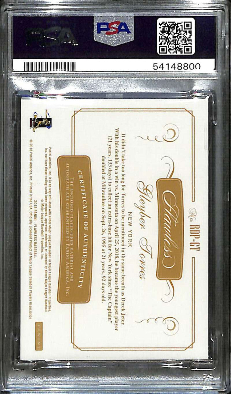 2018 Panini Flawless Autographs Sapphire Gleyber Torres RC Patch Auto /15 PSA 8