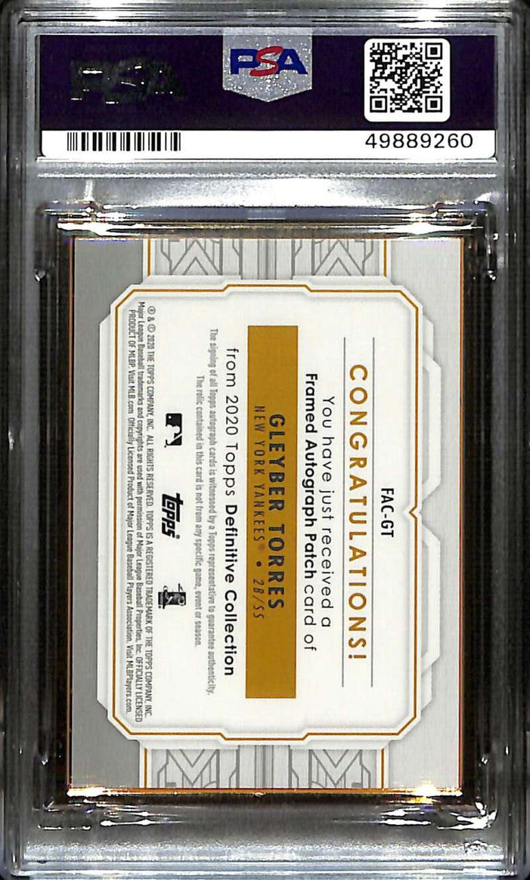 2020 Topps Definitive Framed Autograph Gleyber Torres Patch Auto 6/15 PSA 9 MINT