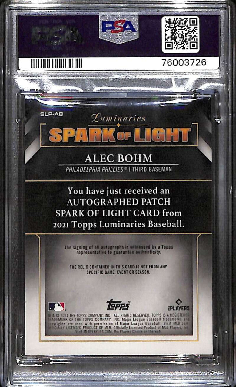 2021 Topps Luminaries Spark of Light Alec Bohm Rookie Patch Auto 8/15 PSA 9 MINT
