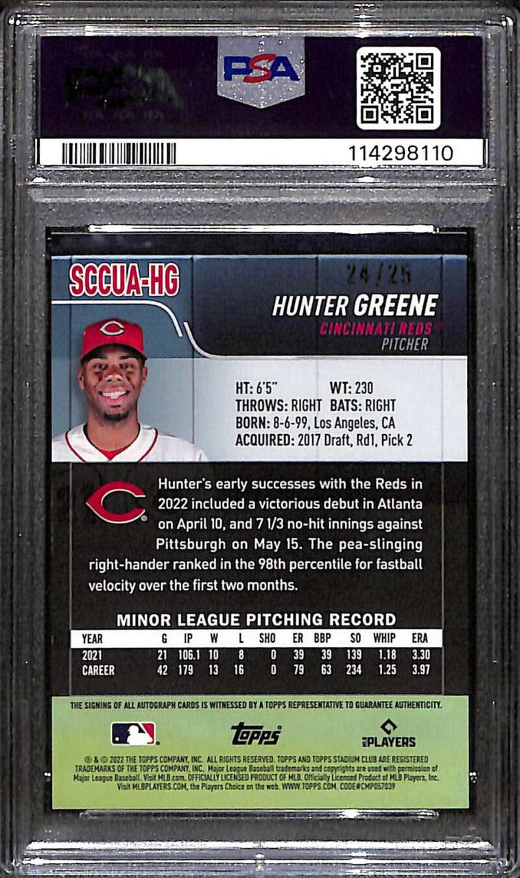 2022 Stadium Club Chrome Orange Refractor Hunter Greene RC Auto 24/25 PSA 9 MINT
