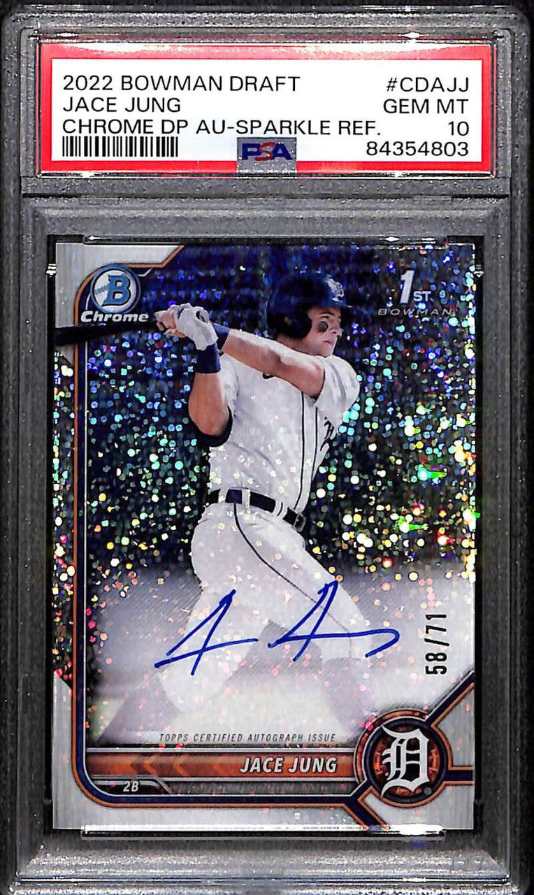 2022 Bowman Chrome Draft Sparkle Refractor Jace Jung Rookie Auto 58/71 PSA 10