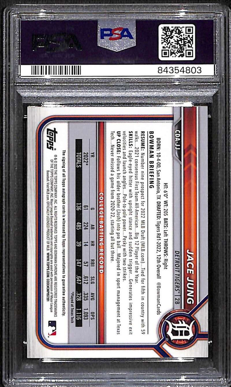 2022 Bowman Chrome Draft Sparkle Refractor Jace Jung Rookie Auto 58/71 PSA 10