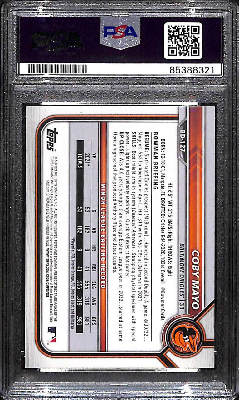 SOLD 171936 2022 Bowman Draft bd127 Coby Mayo Rookie PSA/DNA Certified GEM MT 10 Auto 
