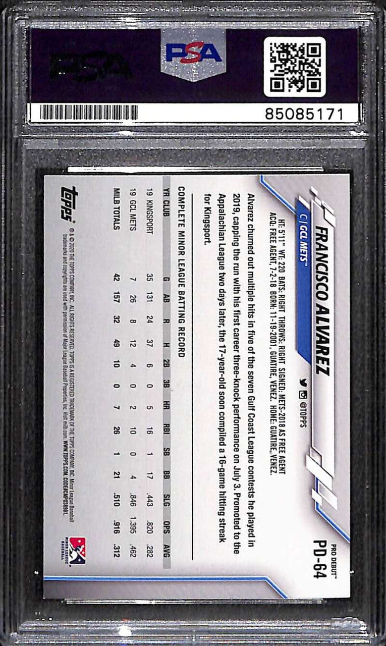 2020 Topps Pro Debut pd64 Francisco Alvarez Rookie PSA/DNA GEM MT 10 Auto Grade ID: 171939