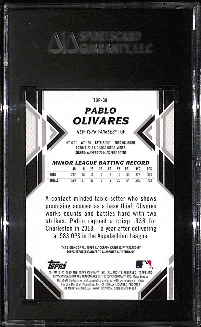 2019 Bowman Platinum Autographs Foilfractor Pablo Olivares RC Auto 1/1 SGC 9 10