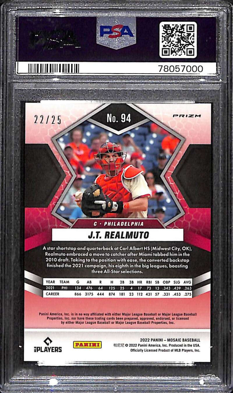 2022 Panini Mosaic Mosaic White Refractor 94 J. T. Realmuto 22/25 PSA 9 MINT