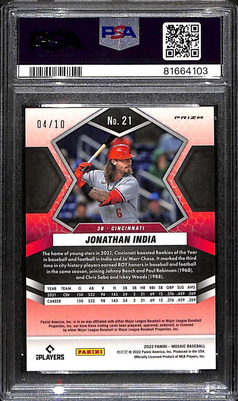 2022 Panini Mosaic Mosaic Gold Refractor 21 Jonathan India 4/10 PSA 10 GEM MT