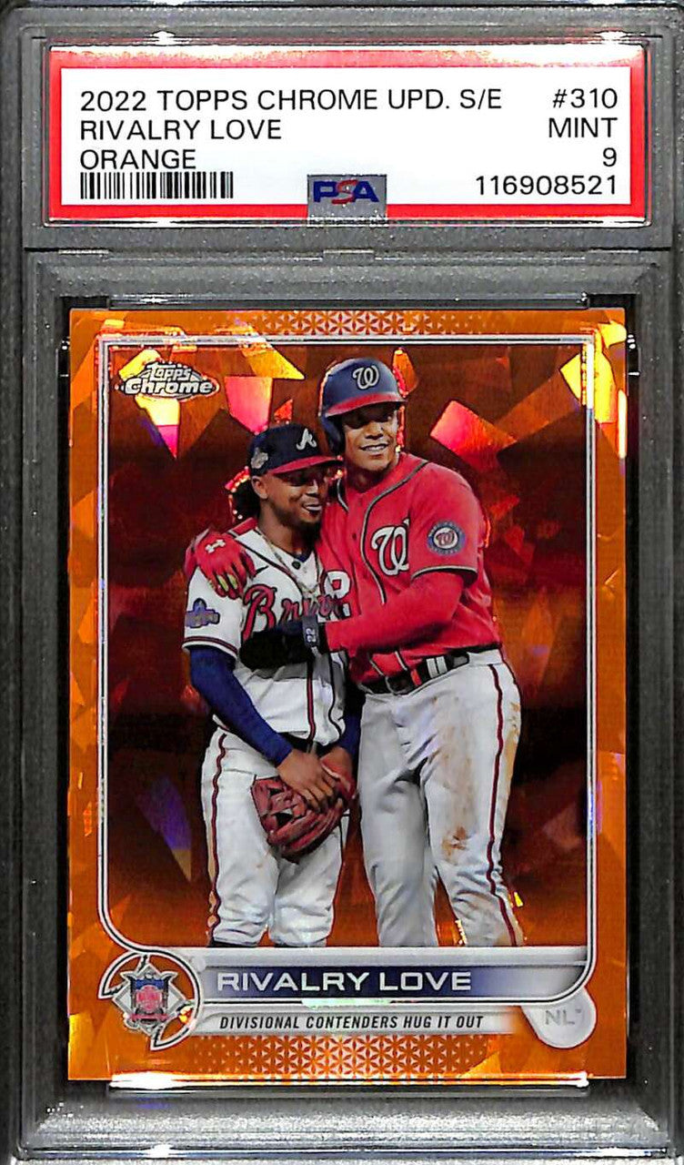 2022 Topps Chrome Sapphire Orange Refractor Rivalry Love Soto Albies 13/25 PSA 9