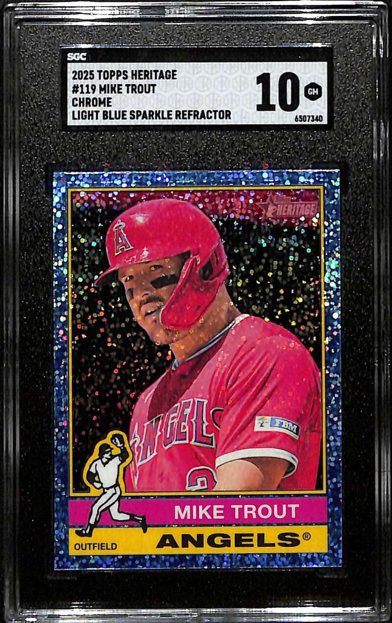 2025 Topps Heritage Chrome Light Blue Sparkle Refractor 119 Mike Trout SGC 10 GM