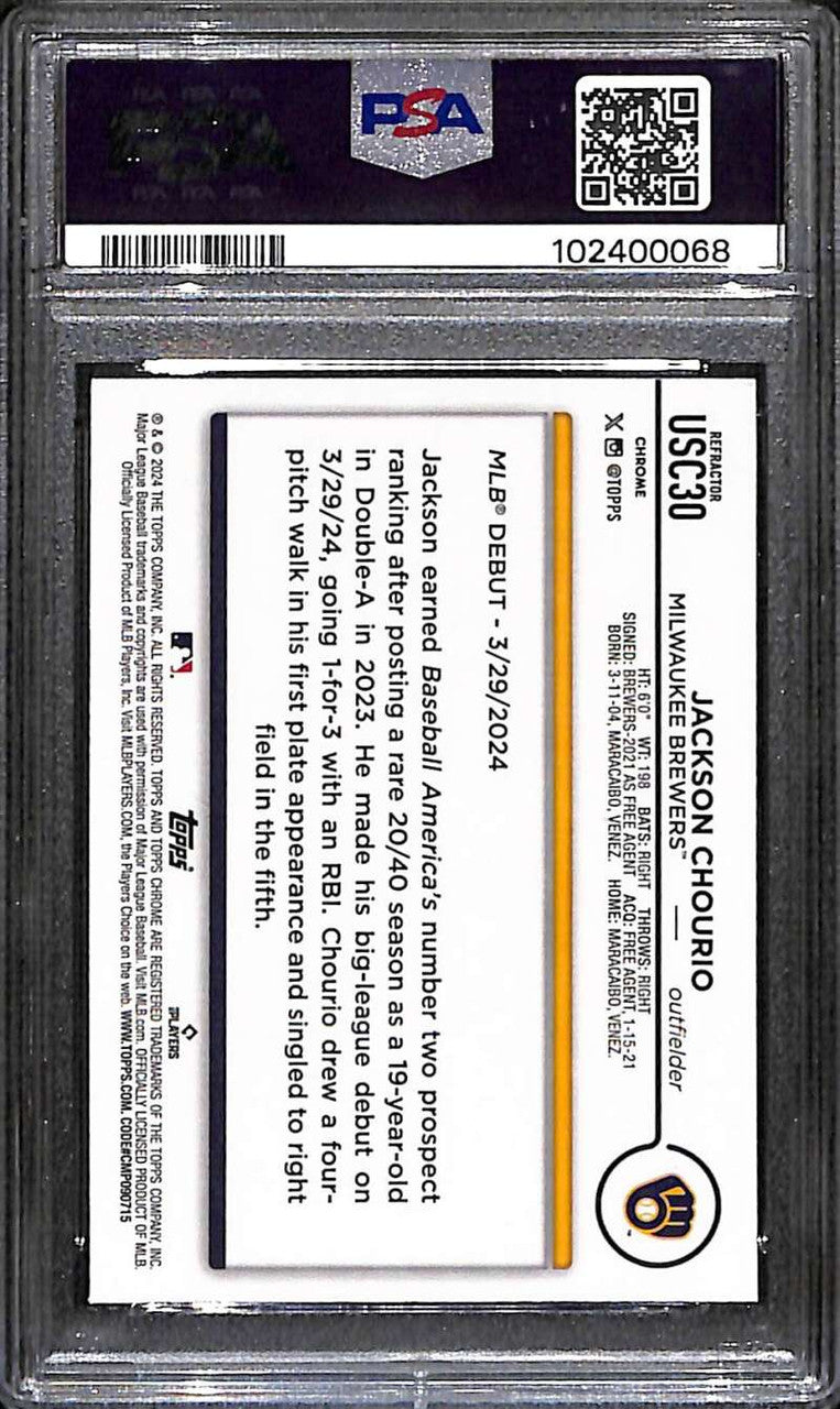 DELETE 172076 2024 Topps Chrome Update Refractor usc30 Jackson Chourio Rookie PSA 10 GEM MT