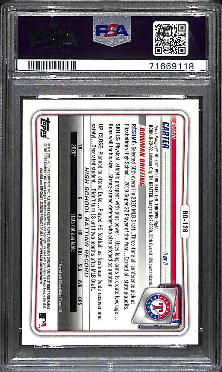 2020 Bowman Chrome Draft Purple Refractor Evan Carter Rookie 161/250 PSA 10