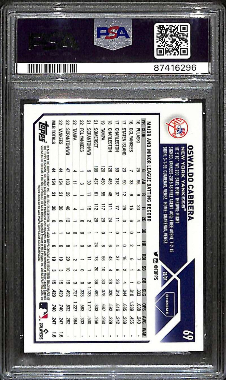 2023 Topps Chrome Logofractor Green Refractor 69 Oswaldo Cabrera RC 77/99 PSA 10