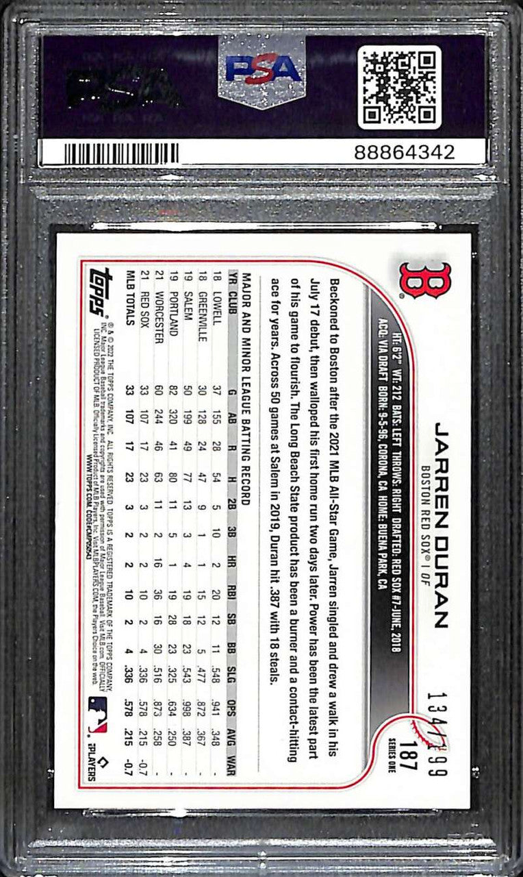 2022 Topps Red Foilboard 187 Jarren Duran Rookie 134/199 PSA 10 GEM MT