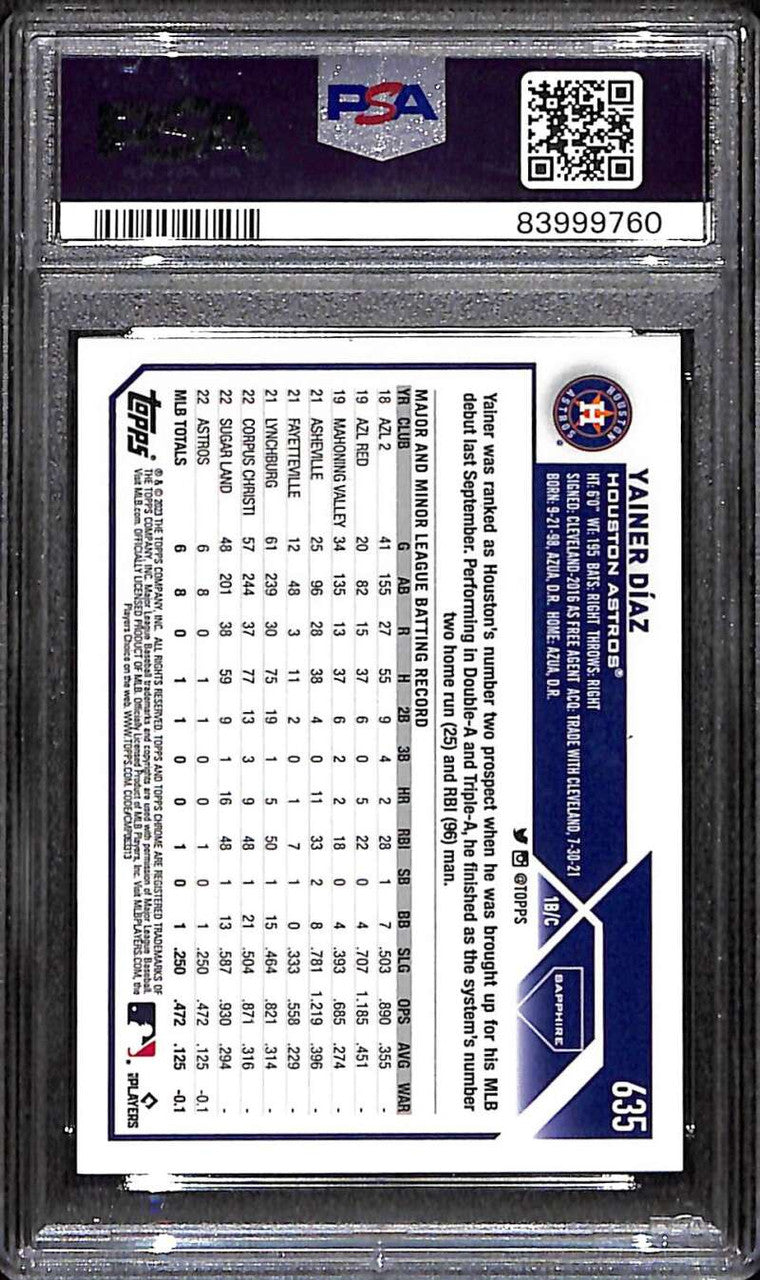 2023 Topps Chrome Sapphire Purple Refractor 635 Yainer Diaz Rookie 4/10 PSA 10