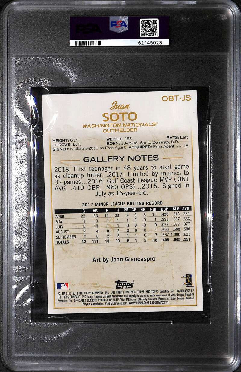 2018 Topps Gallery Boxloader Oversized Box Toppers Juan Soto RC PSA 9 MINT POP 2
