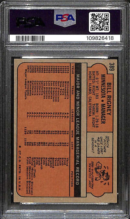 1972 Topps 389 Bill Rigney MG PSA 7 NM