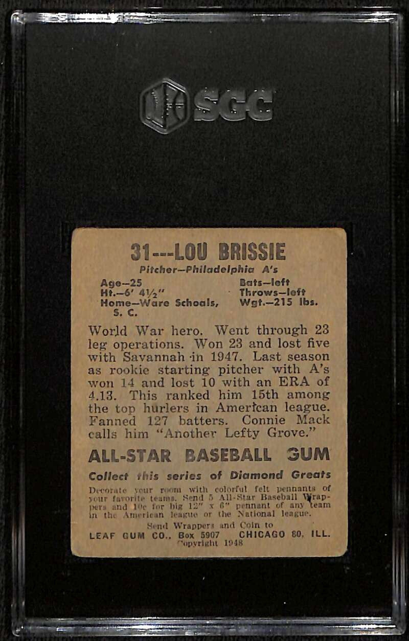 DELETE 172235 1949 Leaf 31 Lou Brissie Rookie SGC 2 GD