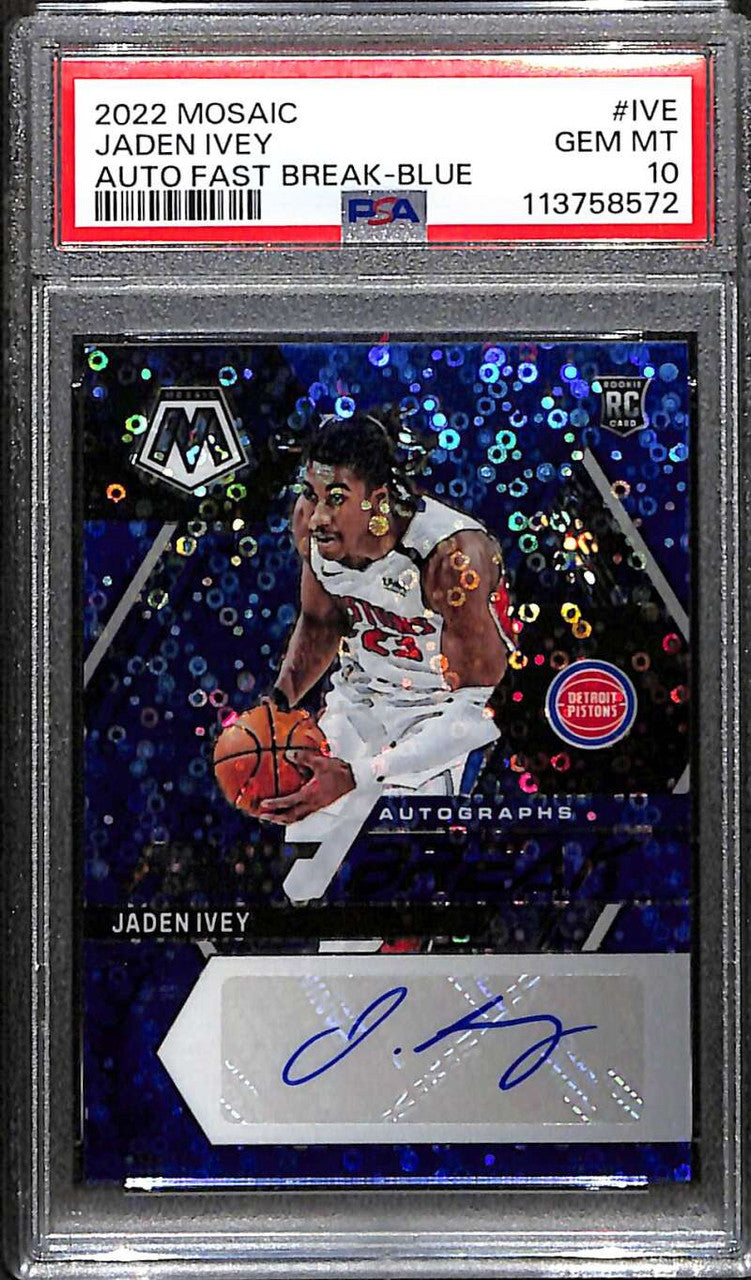 2022-23 Panini Mosaic Autographs Fast Break Blue Jaden Ivey RC Auto 17/25 PSA 10