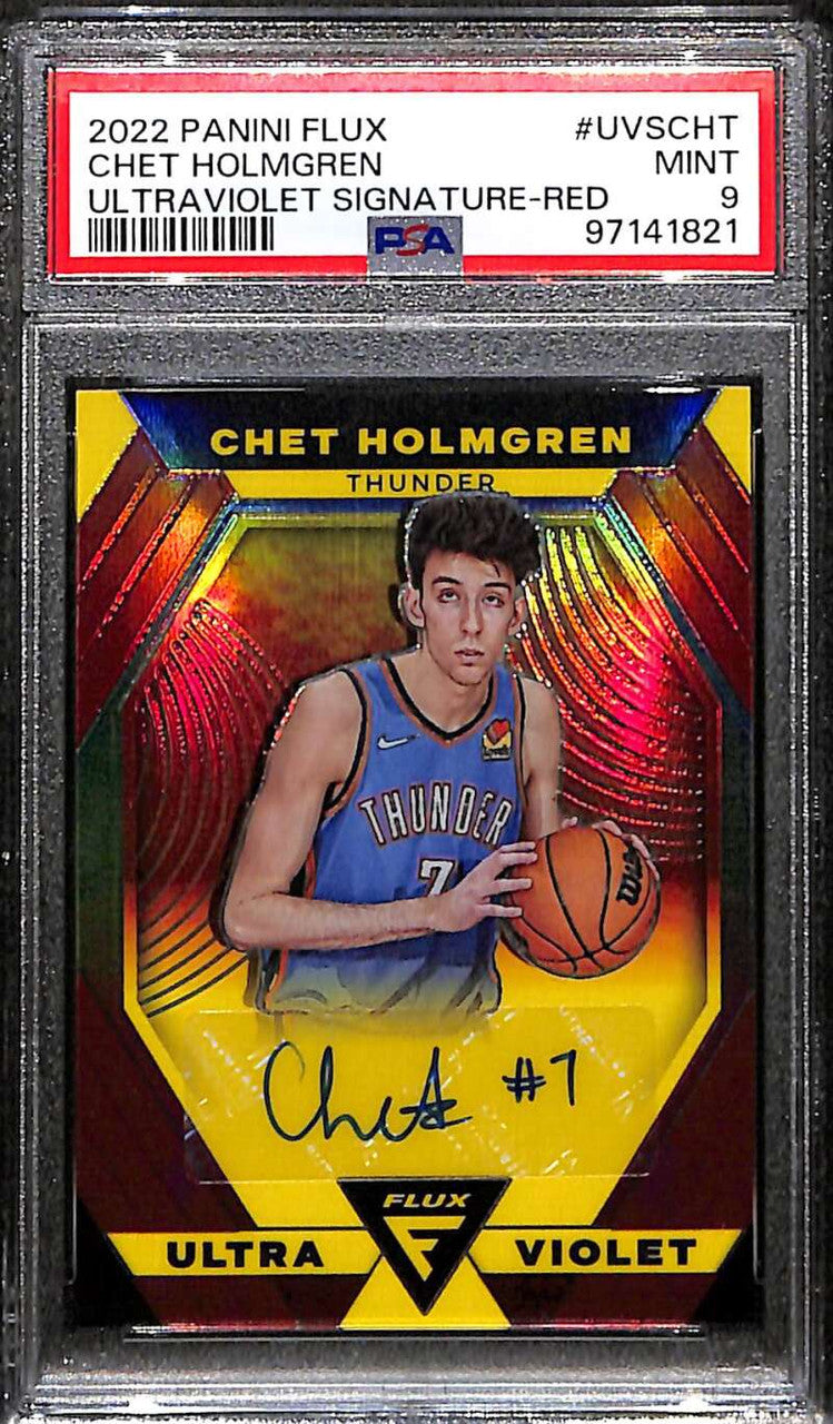 2022-23 Panini Flux Ultraviolet Signatures Red Chet Holmgren RC Auto 43/49 PSA 9