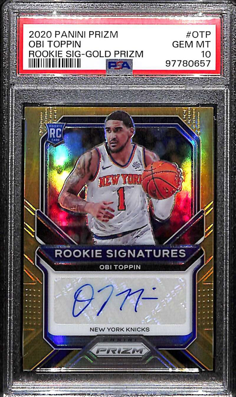 2020-21 Panini Prizm Rookie Signatures Gold 46 Obi Toppin RC Auto 4/10 PSA 10