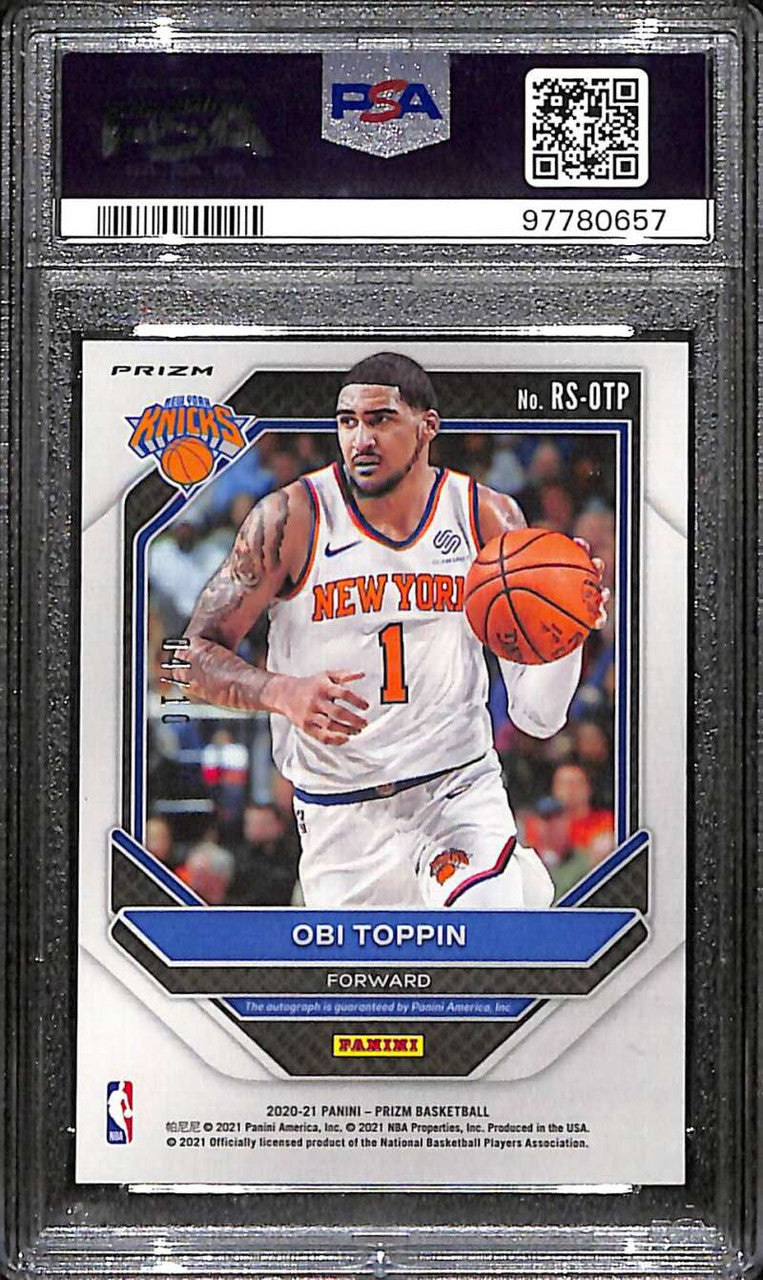 2020-21 Panini Prizm Rookie Signatures Gold 46 Obi Toppin RC Auto 4/10 PSA 10