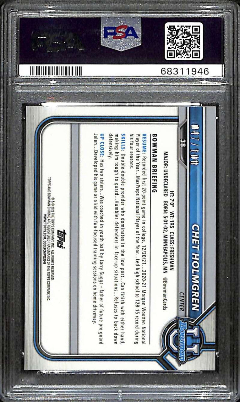 2021-22 Bowman Chrome U RayWave Refractor 38 Chet Holmgren Rookie 47/100 PSA 10