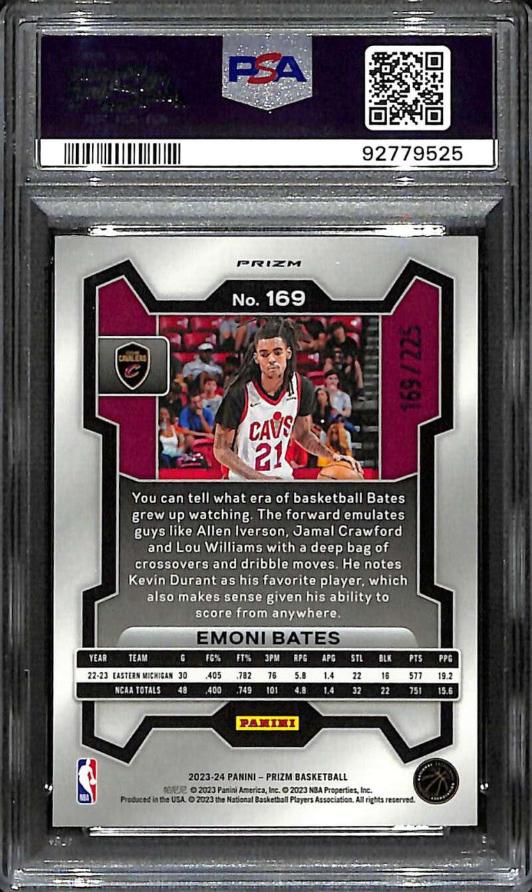 2023-24 Panini Prizm Prizms Teal Ice Refractor 169 Emoni Bates RC 169/225 PSA 10