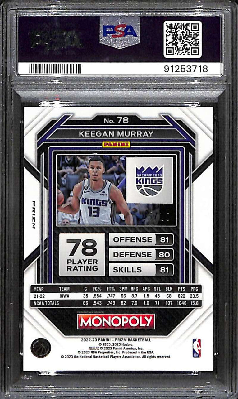 2022-23 Panini Prizm Monopoly Blue Money Shimmer 78 Keegan Murray RC 5/10 PSA 10