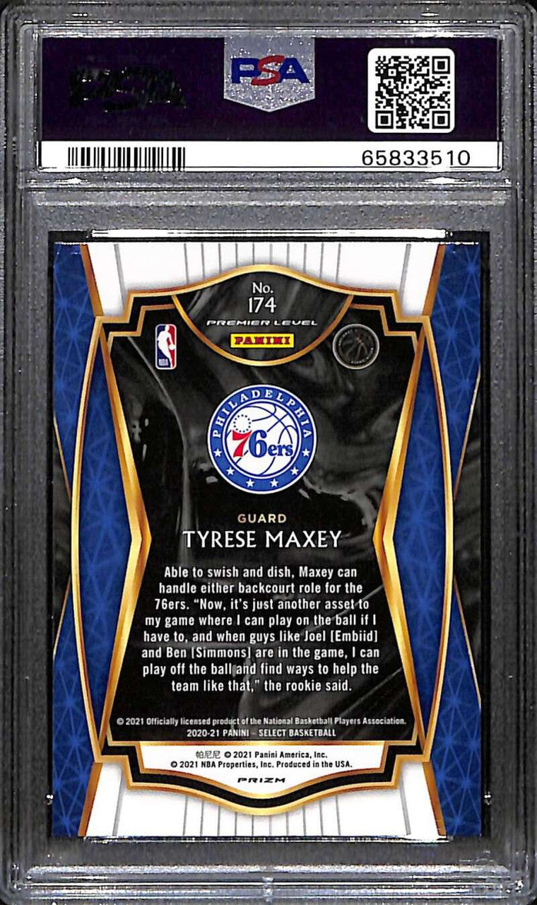 2020-21 Select Prizms Zebra Refractor 174 Tyrese Maxey RC Premier Level PSA 9