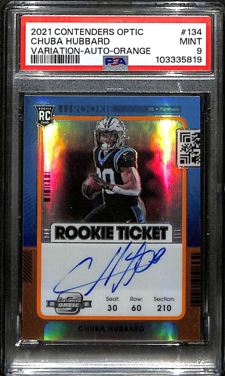 2021 Panini Contenders Optic Autographs Orange Chuba Hubbard RC Auto 20/20 PSA 9