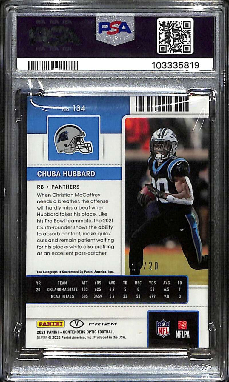 2021 Panini Contenders Optic Autographs Orange Chuba Hubbard RC Auto 20/20 PSA 9
