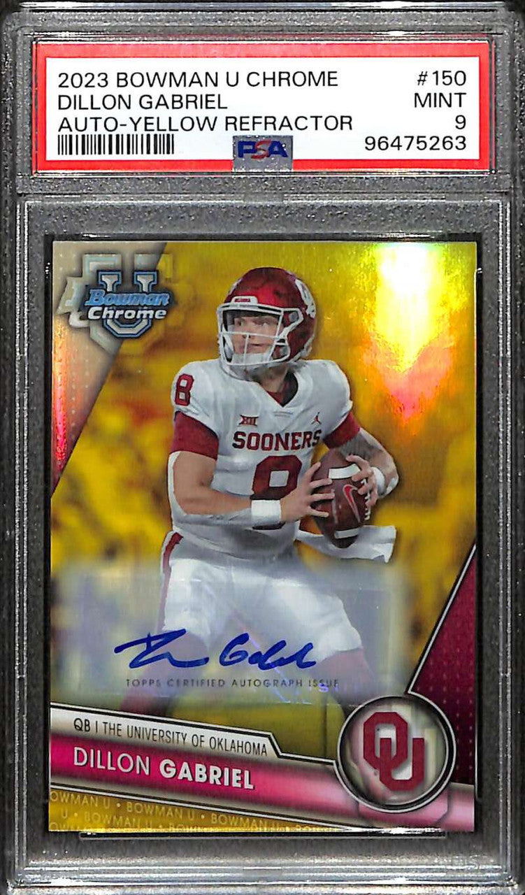 2023 Bowman Chrome U Autograph Yellow Refractor Dillon Gabriel RC Auto /75 PSA 9