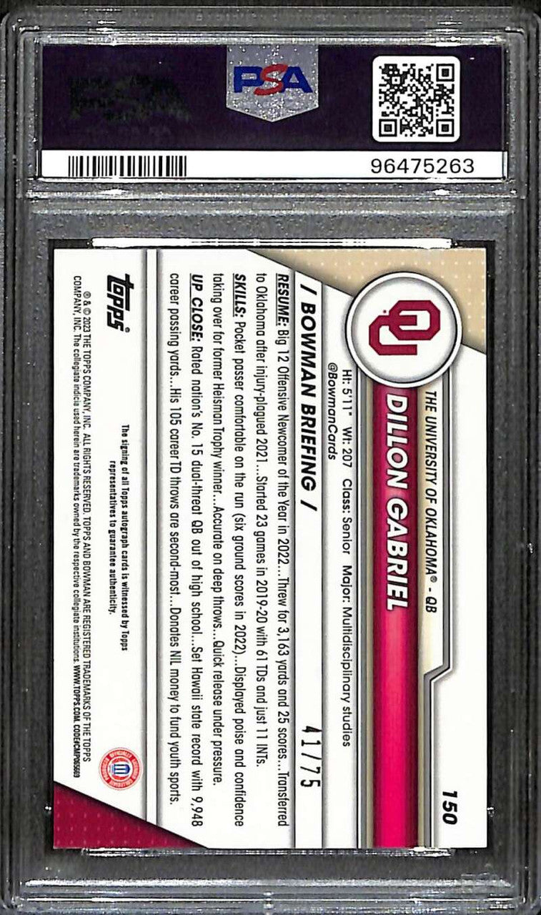 2023 Bowman Chrome U Autograph Yellow Refractor Dillon Gabriel RC Auto /75 PSA 9
